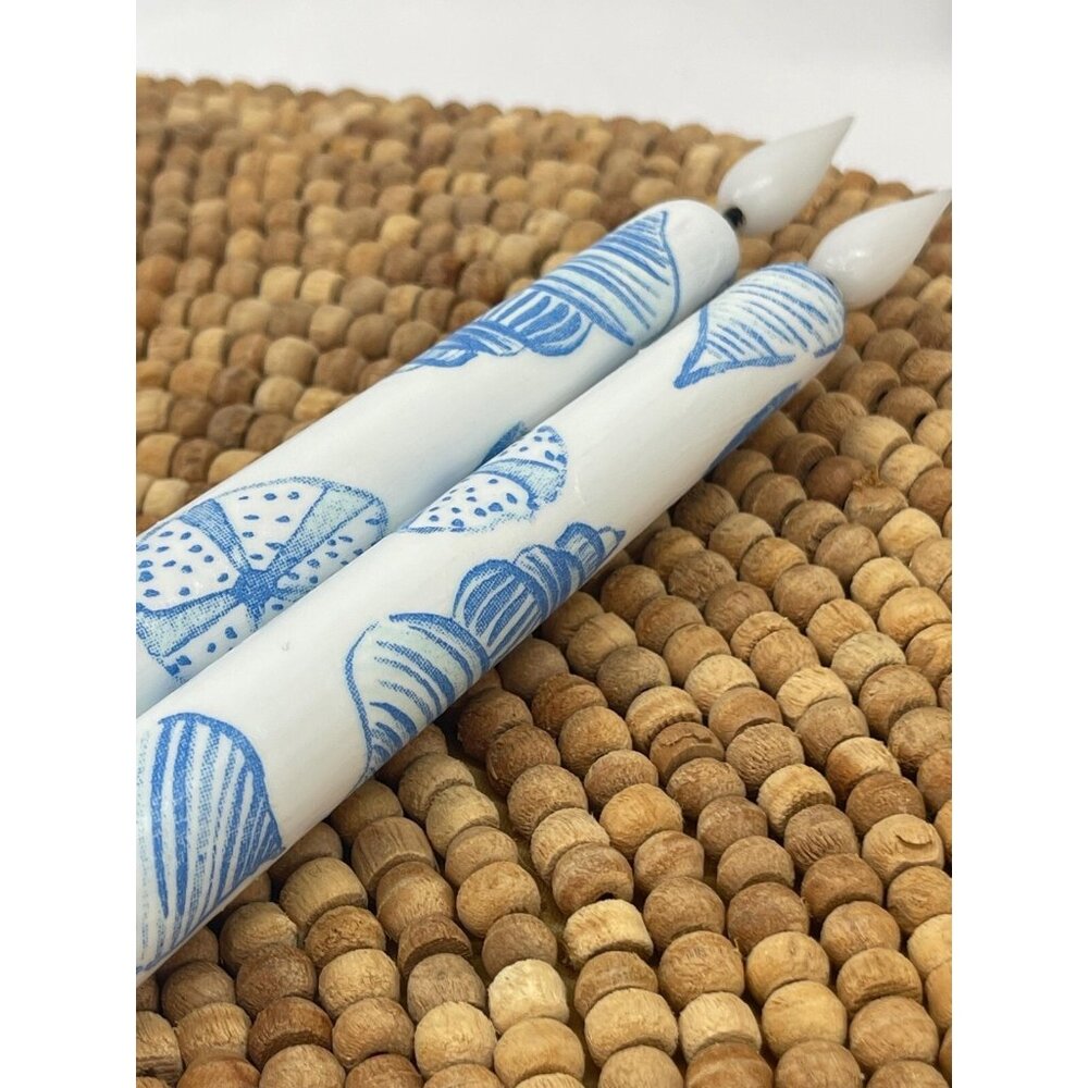 Set of 2 Coastal Blue White Shell Nautical Beachy Taper Candles Battery Operated